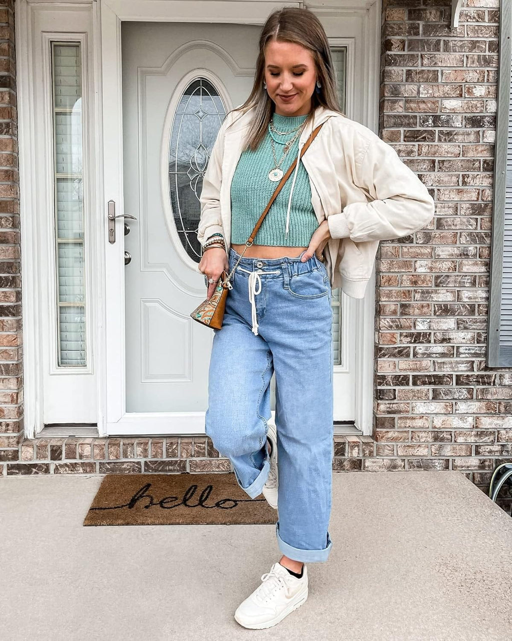 Chic Azure Mood Drawstring Baggy Bell Bottom Jeans for Women