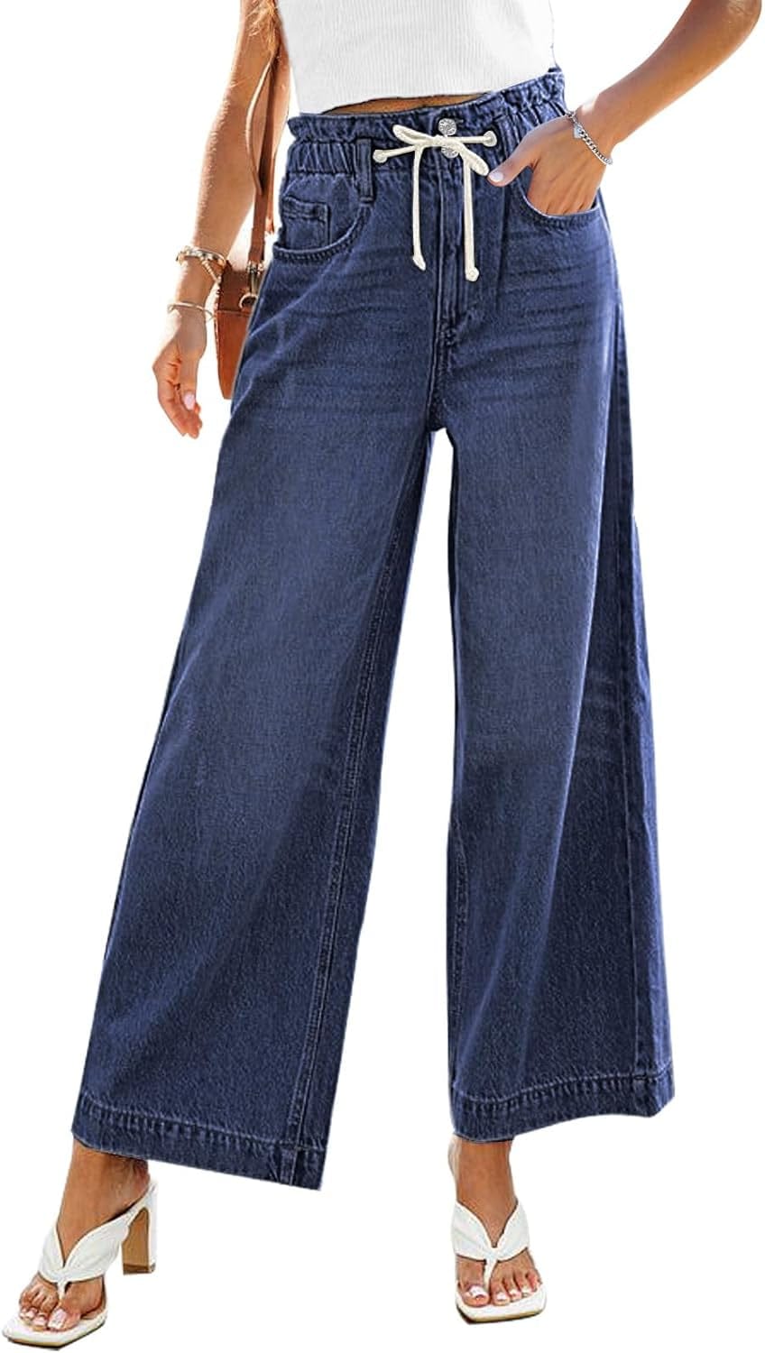 Chic Azure Mood Drawstring Baggy Bell Bottom Jeans for Women