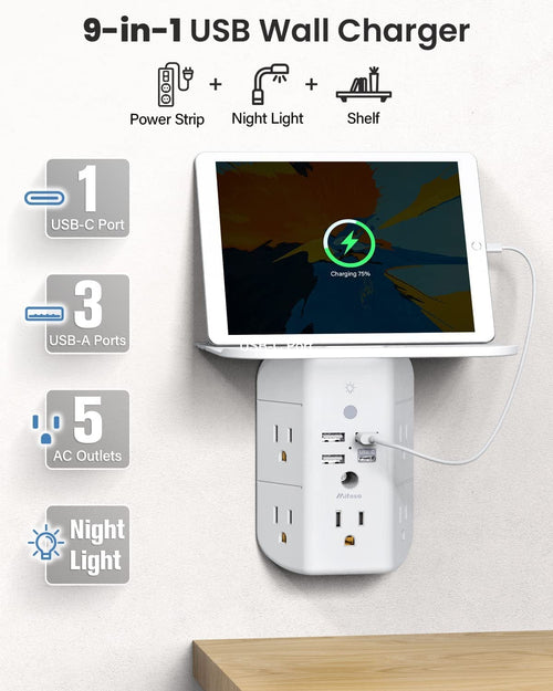 3-Sided Multi Plug Power Strip, Wall Extender with Shelf, Night Light & Surge Protector, USB Wall Charger with 5 AC Wide Space Outlets and 3 USB & 1 C Port, White