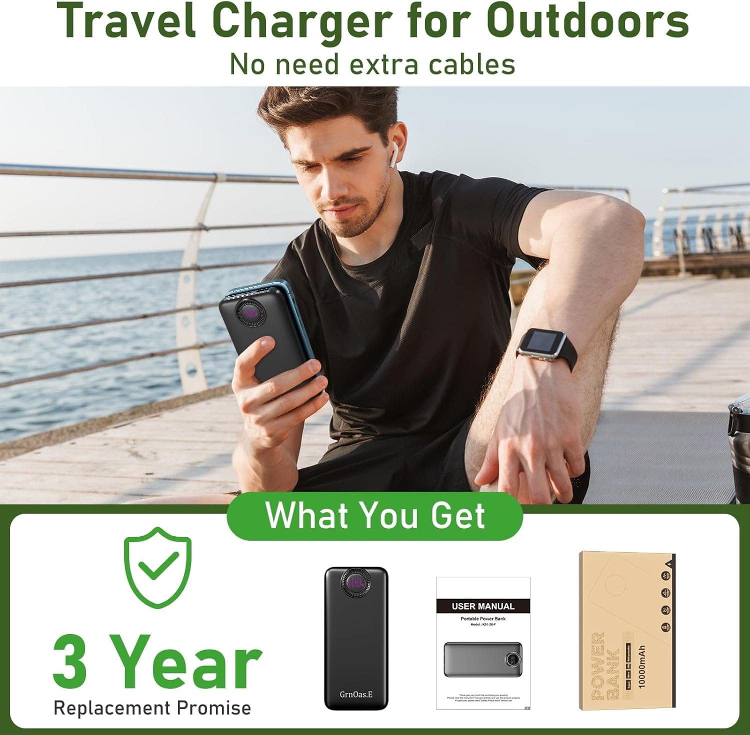 Ultra-Fast 10000mAh Power Bank with Built-in Cables - 22.5W Max Portable Charger, 4 Outputs & 2 Inputs, Perfect for iPhone, Android & iPad (Pearl Black)
