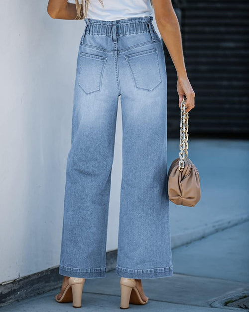 Chic Azure Mood Drawstring Baggy Bell Bottom Jeans for Women