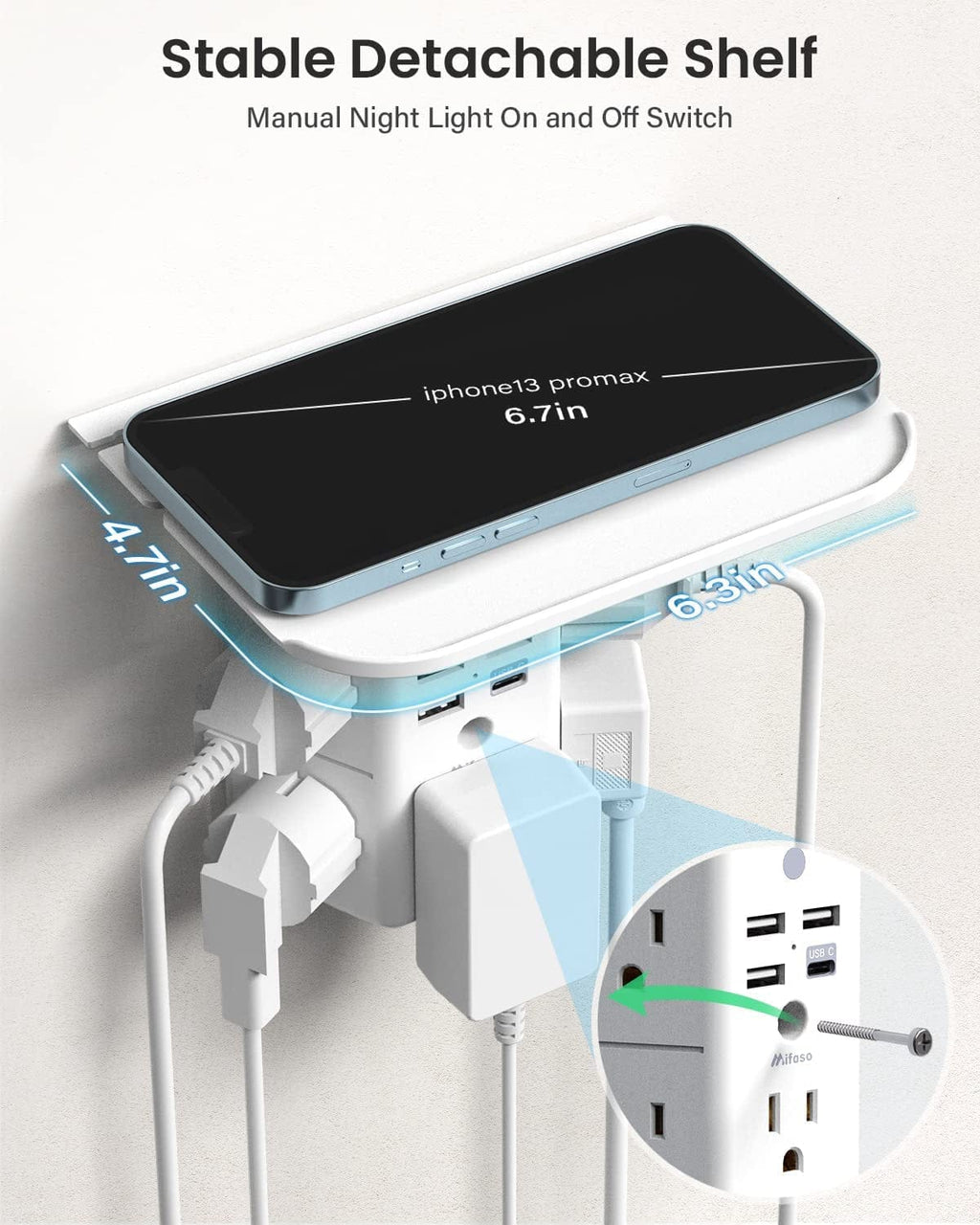 3-Sided Multi Plug Power Strip, Wall Extender with Shelf, Night Light & Surge Protector, USB Wall Charger with 5 AC Wide Space Outlets and 3 USB & 1 C Port, White