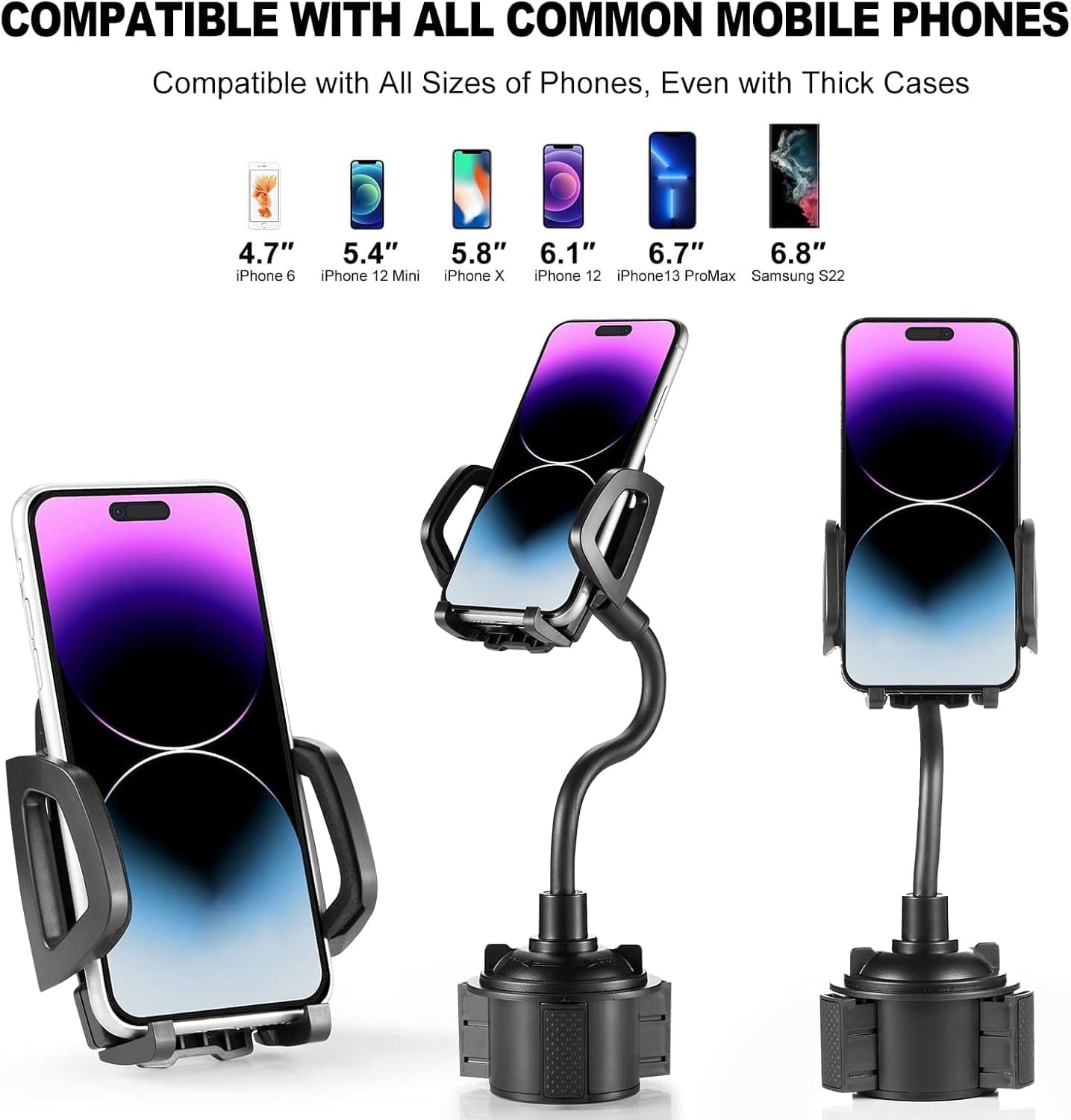 Car Cup Holder Mount with 360° Rotation Adjustable Gooseneck,Car Phone Holder Mount for All Smartphones Cup Holder Cell Phone Automobile Cradles