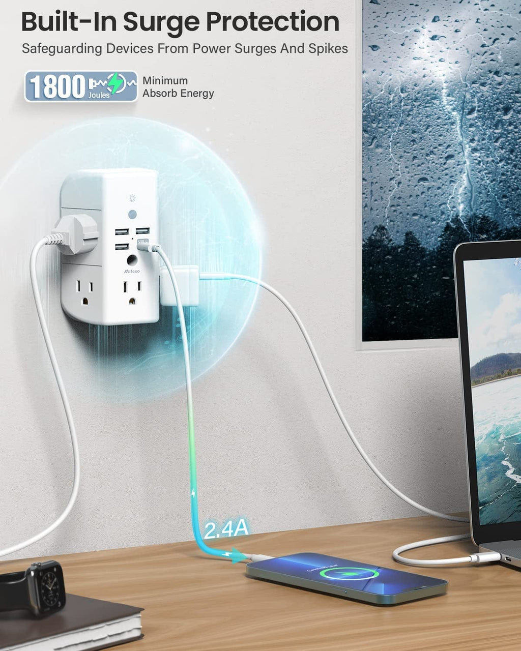 3-Sided Multi Plug Power Strip, Wall Extender with Shelf, Night Light & Surge Protector, USB Wall Charger with 5 AC Wide Space Outlets and 3 USB & 1 C Port, White