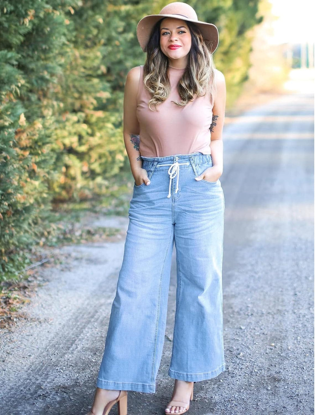 Chic Azure Mood Drawstring Baggy Bell Bottom Jeans for Women