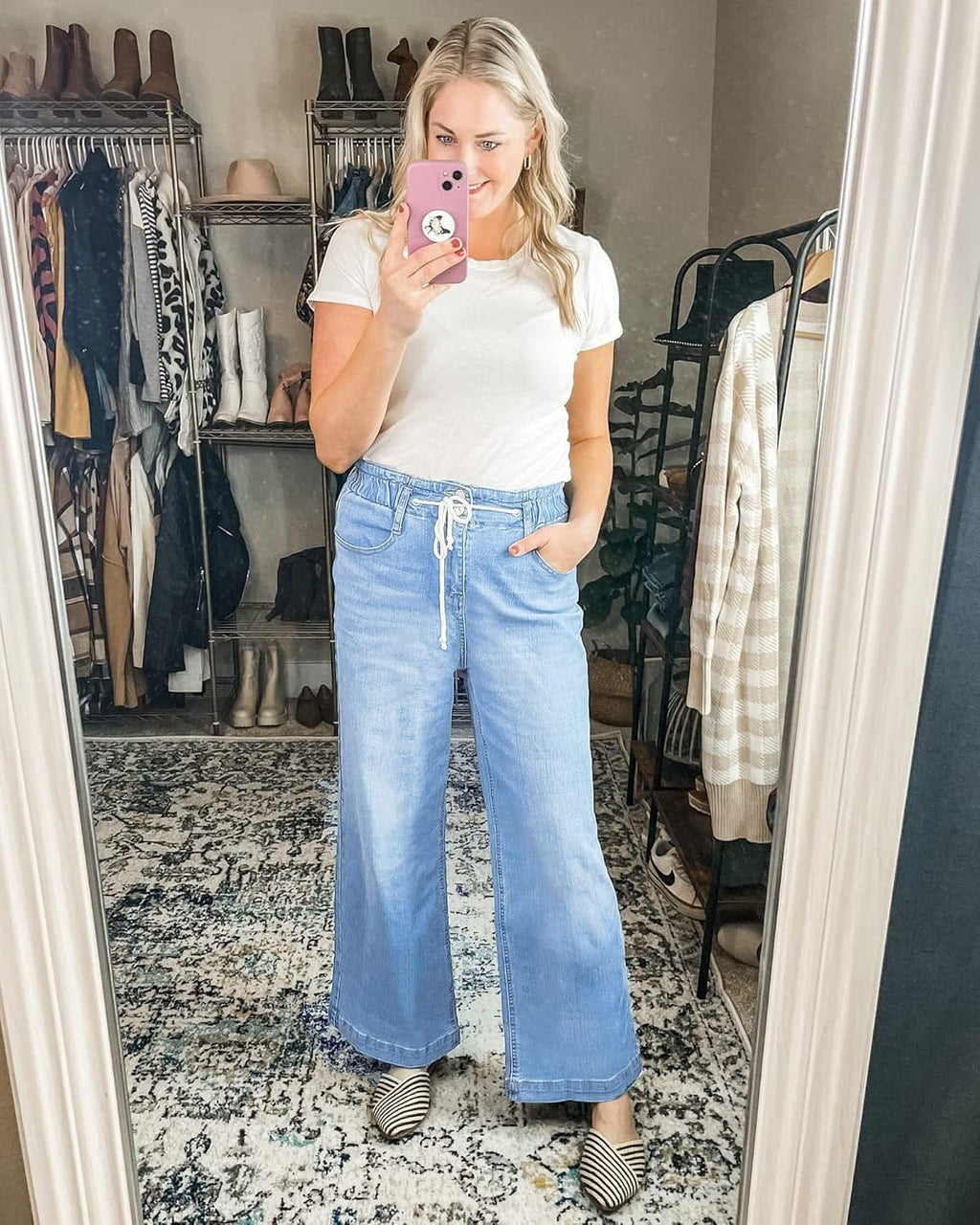 Chic Azure Mood Drawstring Baggy Bell Bottom Jeans for Women