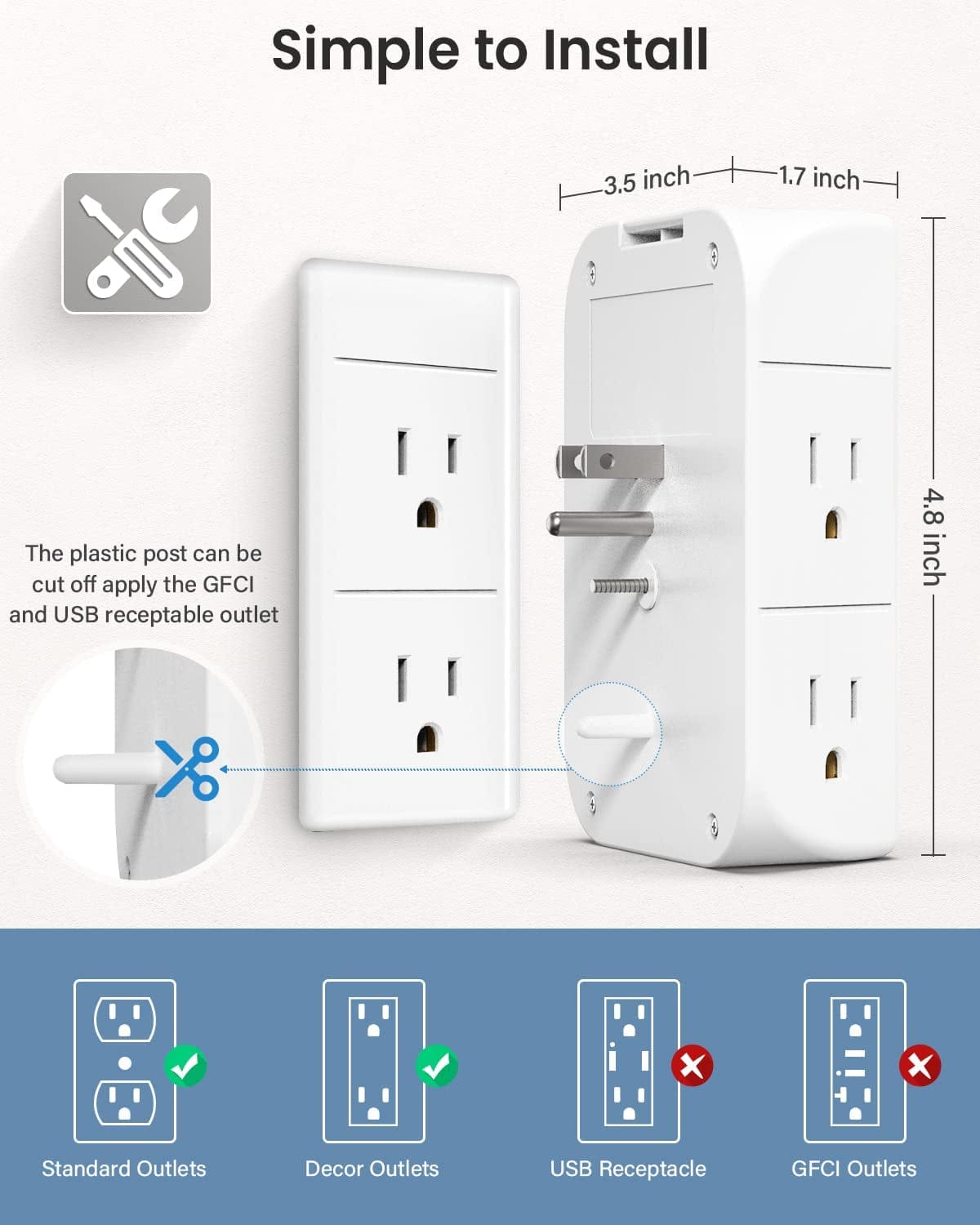 3-Sided Multi Plug Power Strip, Wall Extender with Shelf, Night Light & Surge Protector, USB Wall Charger with 5 AC Wide Space Outlets and 3 USB & 1 C Port, White