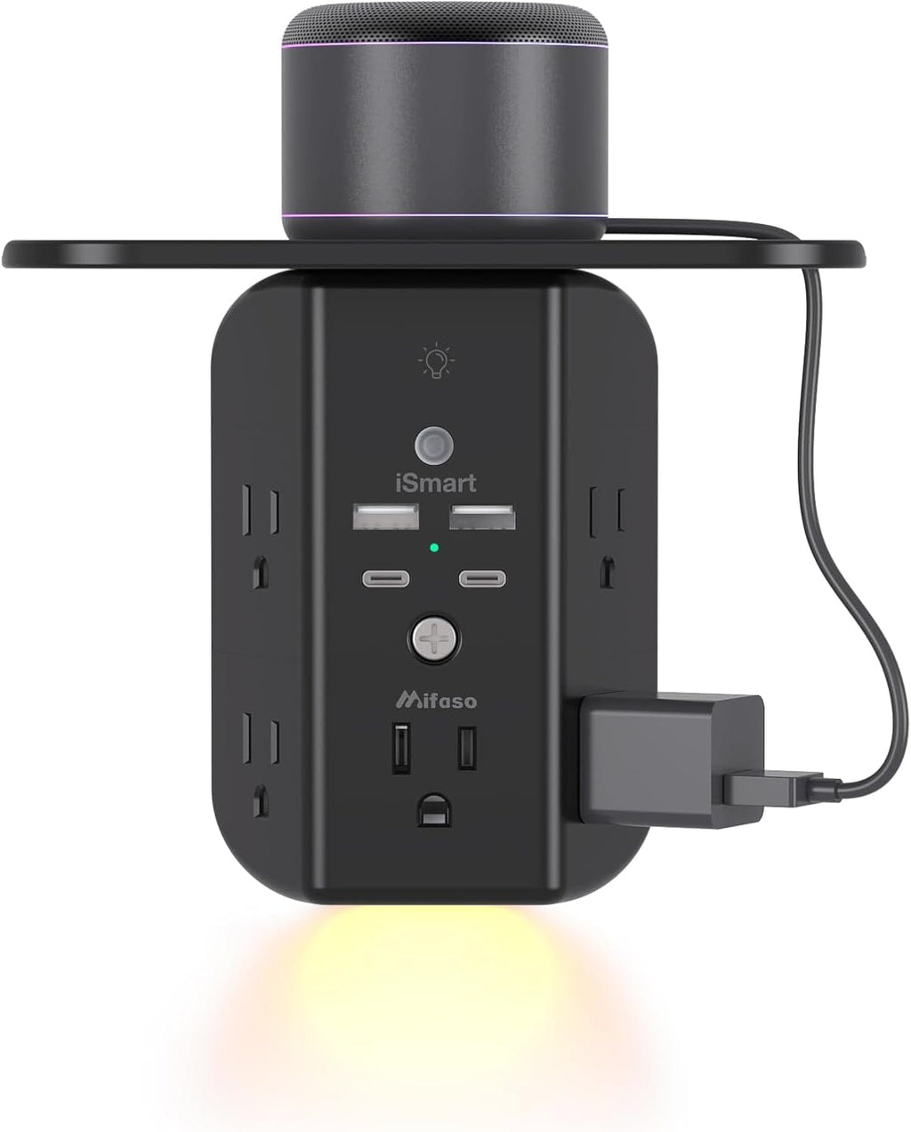 3-Sided Multi Plug Power Strip, Wall Extender with Shelf, Night Light & Surge Protector, USB Wall Charger with 5 AC Wide Space Outlets and 3 USB & 1 C Port, White