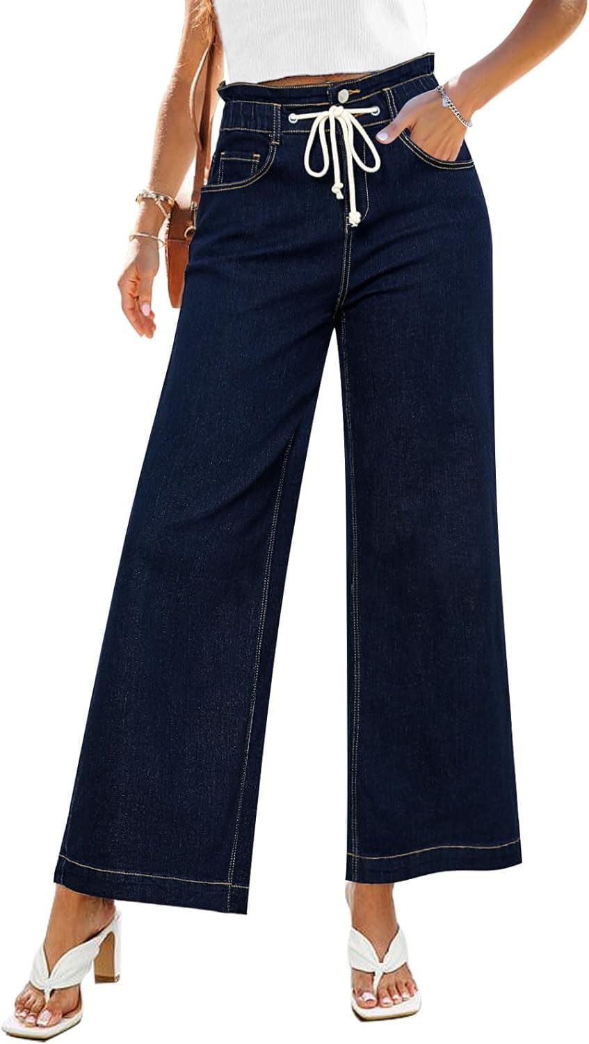 Chic Azure Mood Drawstring Baggy Bell Bottom Jeans for Women