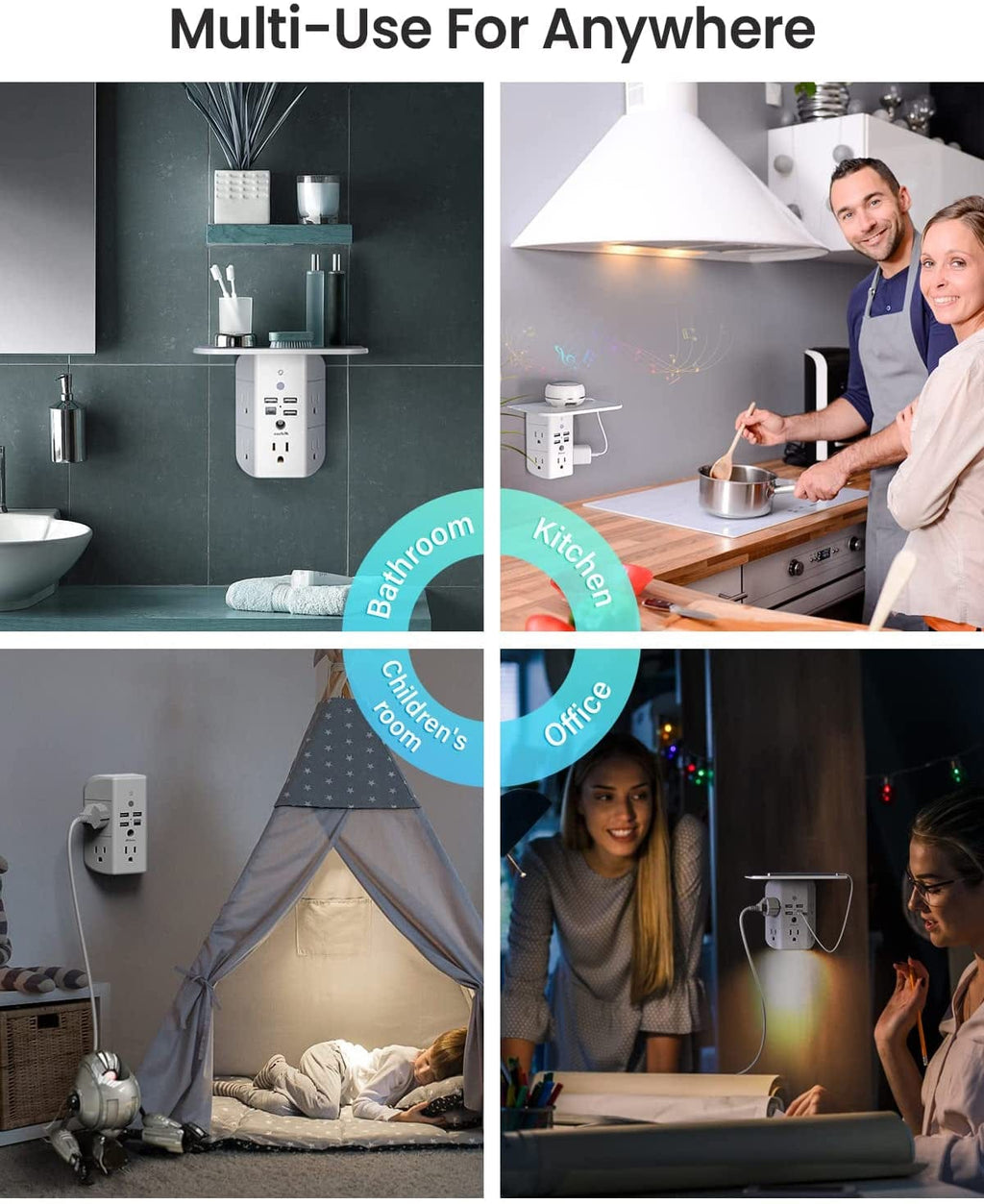 3-Sided Multi Plug Power Strip, Wall Extender with Shelf, Night Light & Surge Protector, USB Wall Charger with 5 AC Wide Space Outlets and 3 USB & 1 C Port, White